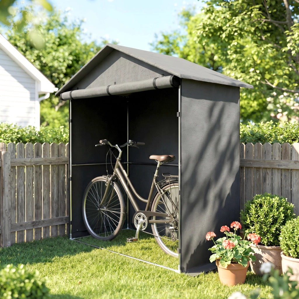 Capanno da Giardino 1.1x2 m con Porta Avvolgibile, Tenda Garage per Bici e Moto, Grigio Scuro