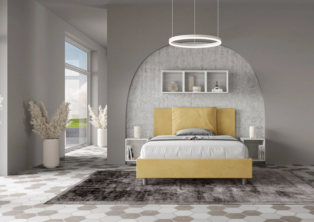 BS COM Letto queen size con rete imbottito 150x210 microfibra ocra
