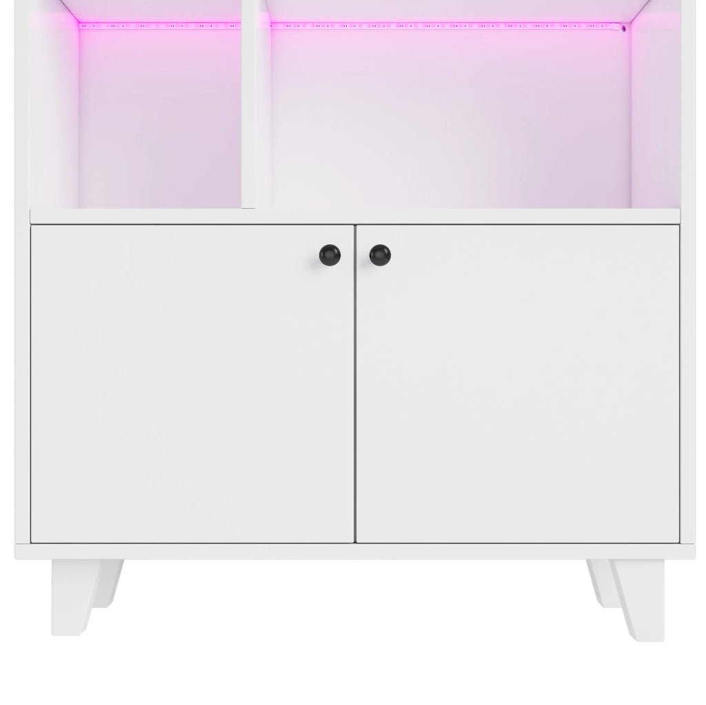 Libreria 80x30x173 cm con LED controllata tramite app e ante doppie in MDF e legno bianco