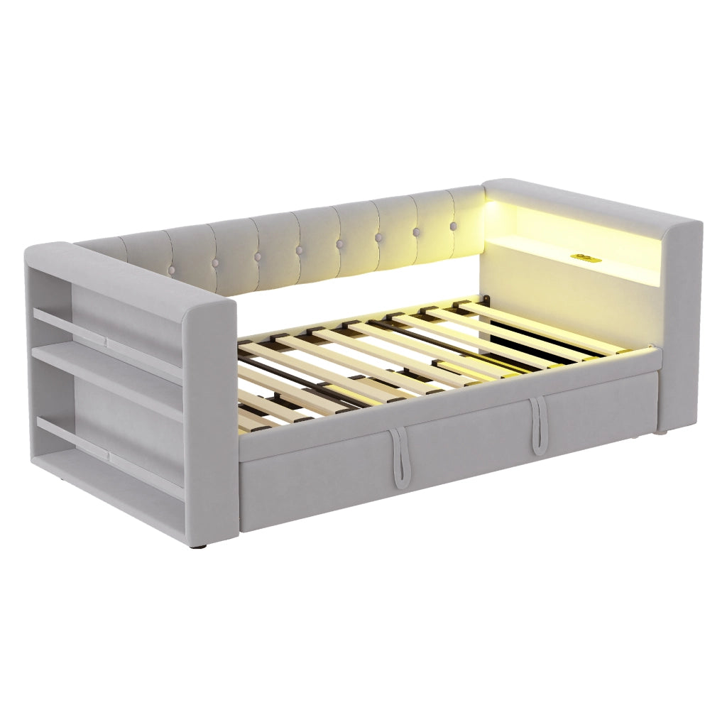 DESMIU Letto singolo 90 × 190 cm e 180 × 190 cm con LED, prese, contenitore, senza materasso, in flanella, grigio chiaro