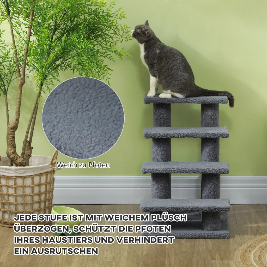 Scaletta per animali domestici, scaletta per gatti, scaletta per cani, 4 gradini, grigia, 63,5x43x60 cm, per gatti e cani, ideale per animali anziani