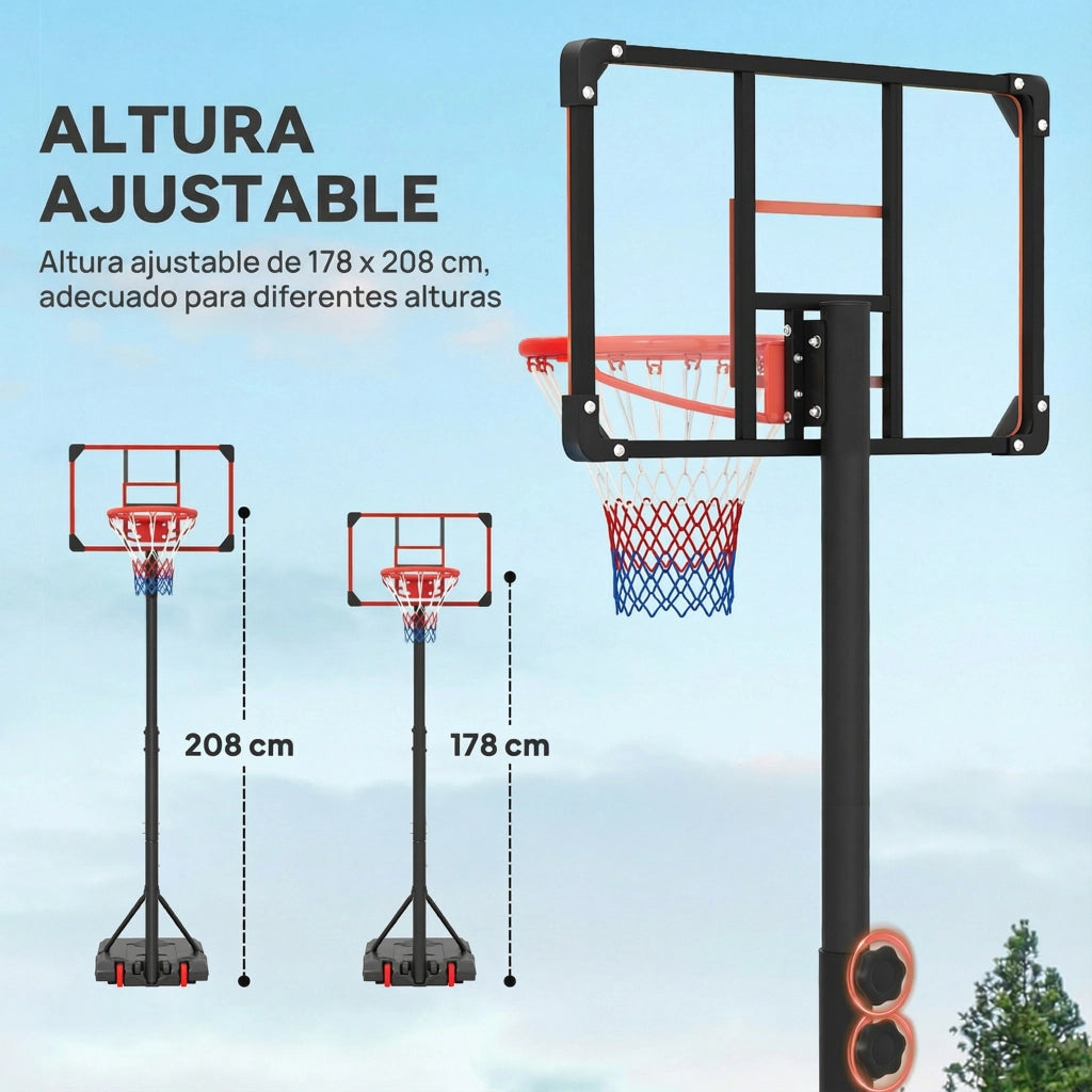 Canestro da Basket Regolabile 178-208 cm ¨C Xylo ¨C con Ruote e Base Riempibile Rosso e Nero