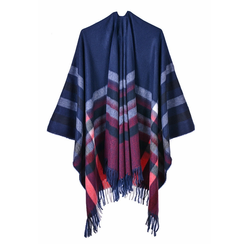 Sciarpa da donna, a quadri, con nappe alla moda, scialle caldo, mantella, due in uno