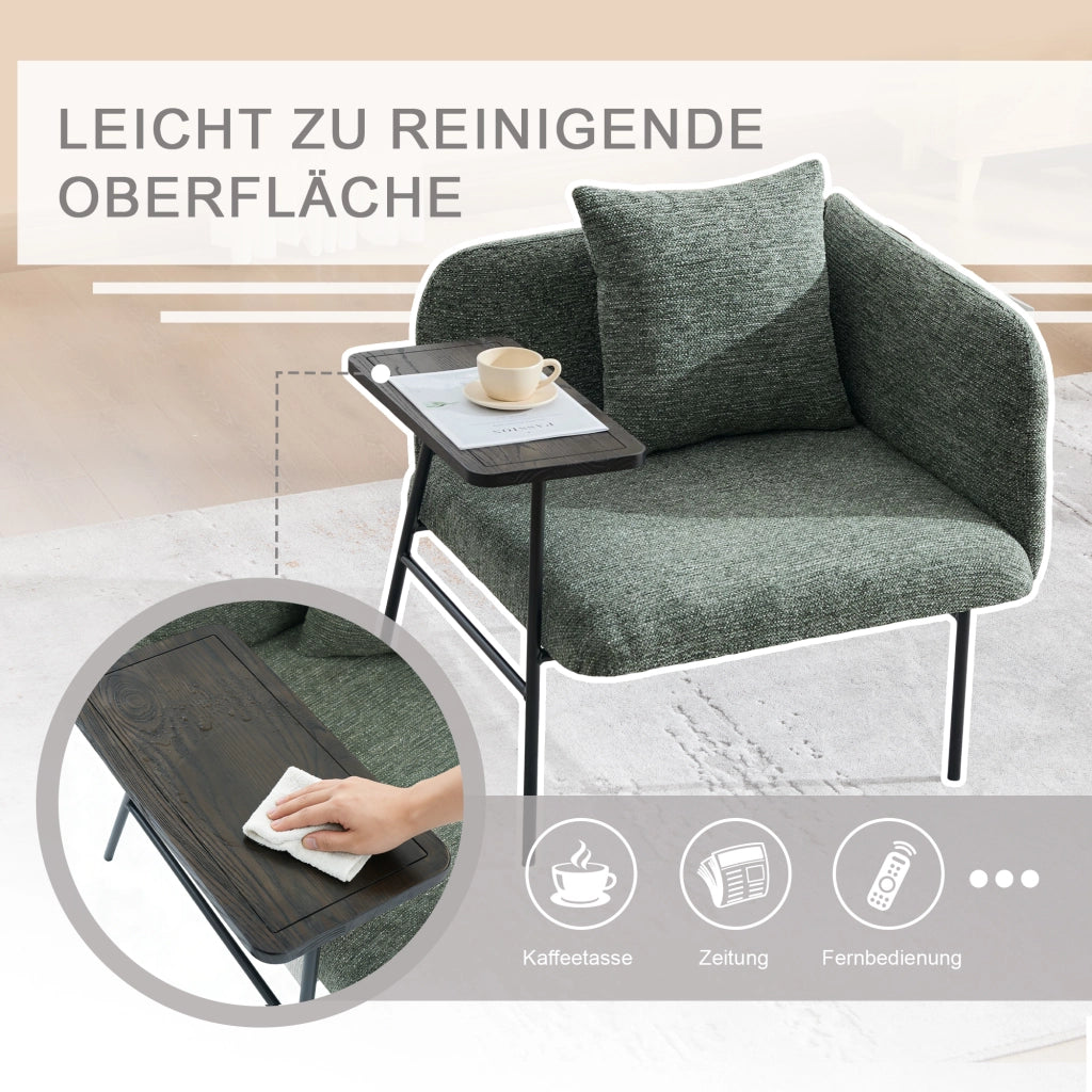 Fauteuil con tavolino laterale e tasche portaoggetti, seduta imbottita in ciniglia verde smeraldo 86 × 72 × 71 cm