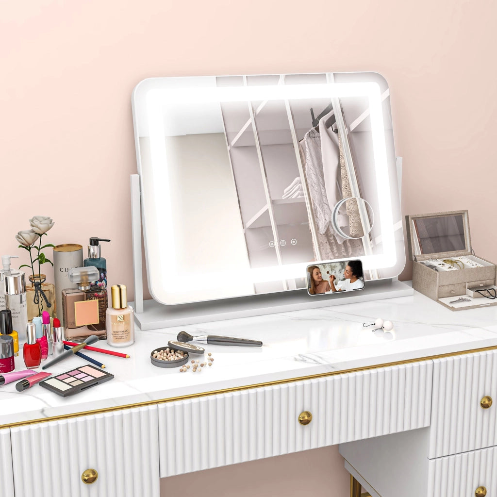 Specchio da Toeletta Bianco 58x46 cm con Luce LED e 3 Modalit¨¤ ¨C Zephmum ¨C Regolabile e Touch