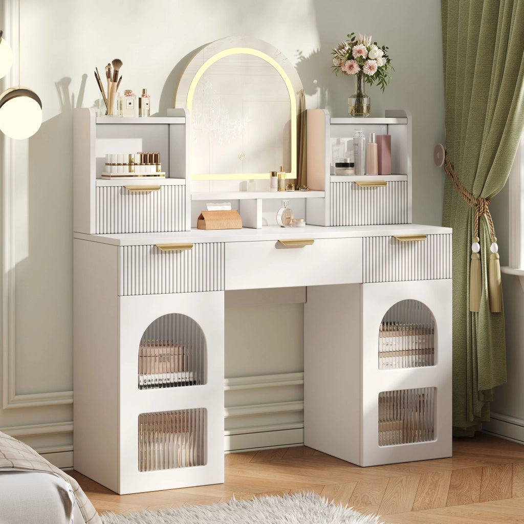 TOLETTA con Specchio LED 120x40x139,5 cm Bianco con 3 Cassetti e 2 Ante in Vetro