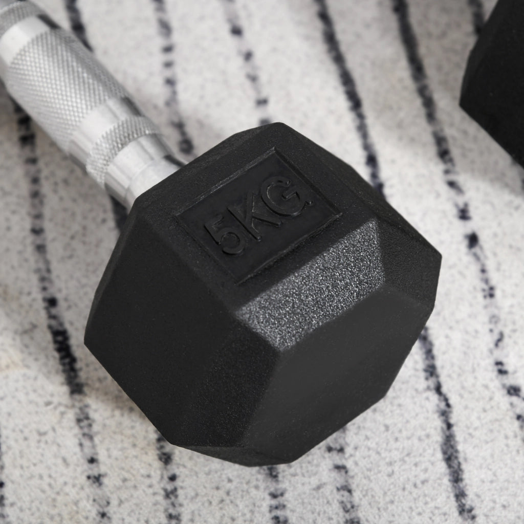 Manubri esagonali, set da 2, 2 x 5 kg, in ghisa con rivestimento in gomma, neri