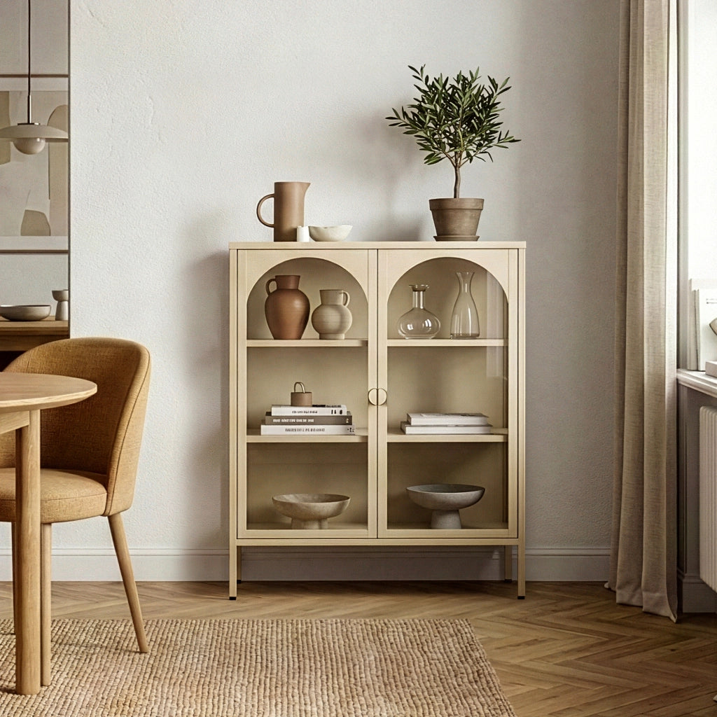 Vetrina Klippestad a 2 Ante in Vetro Credenza con 3 Scomparti 95 x 80 x 35 cm - Color Cammello [en.casa]