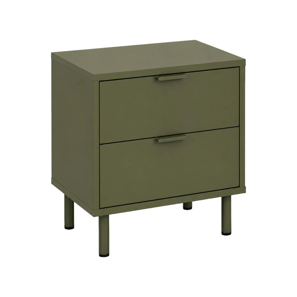 Comodino decorativo in legno e metallo 2 cassetti, verde kaki