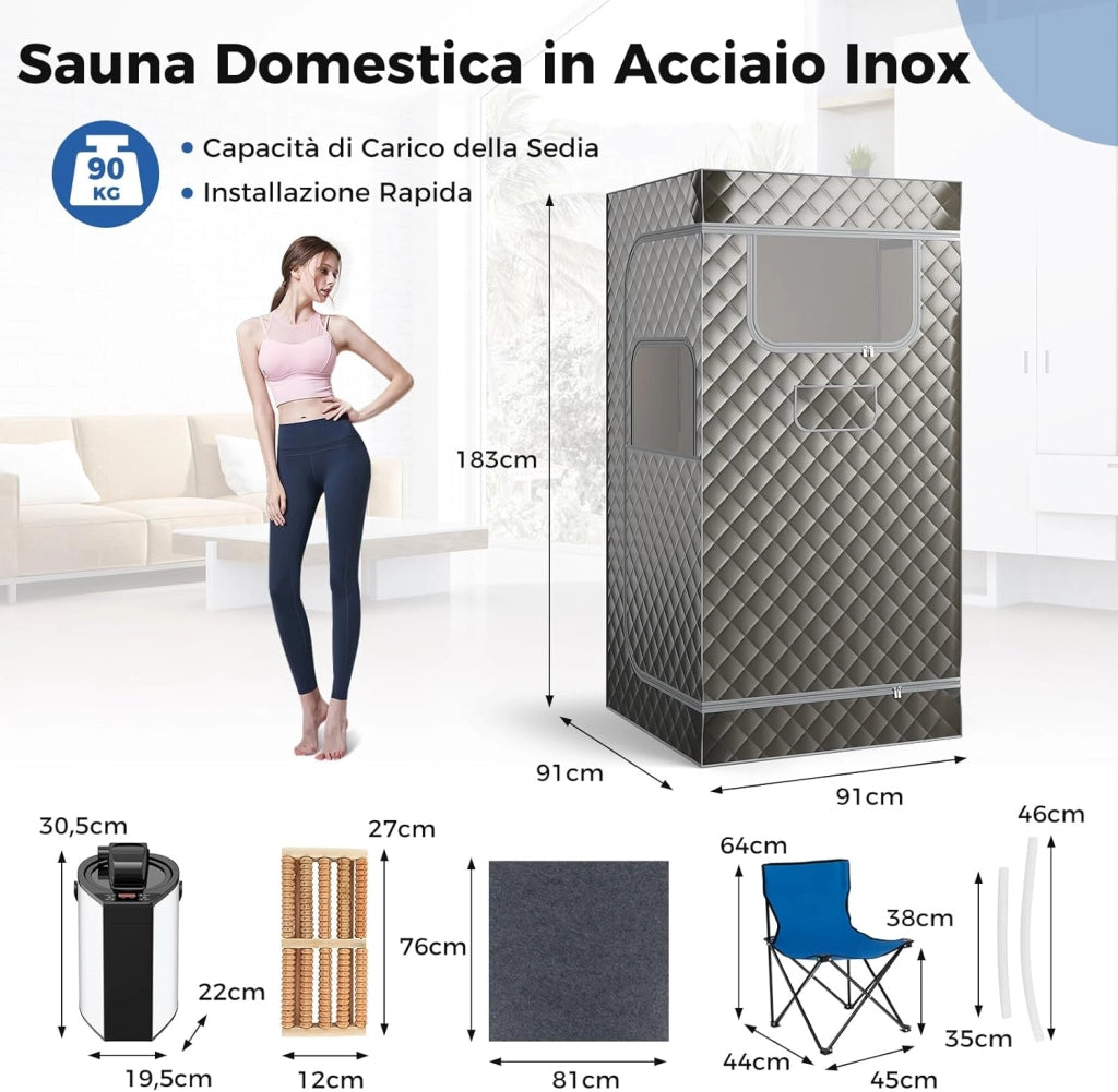 Sauna a Vapore Portatile 3L, Sauna da Casa con 9 Livelli di Regolazione della Temperatura da 35-63℃, Telecomando, Sedia Pieghevole e Massaggiatore per Piedi in Legno (Grigio)