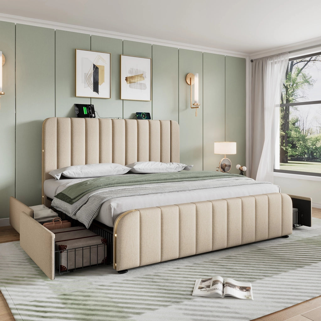 Letto matrimoniale imbottito 140x190 cm con 4 cassetti e porte USB/Type-C