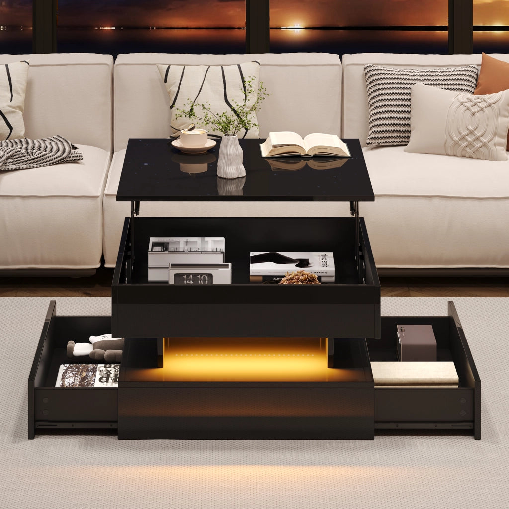 Tavolino da Salotto Alzabile Quadrato con 2 Cassetti e LED; Finitura Lucida; Vano Contenitore Nascosto; in Pannelli di Particelle; 65×65×38;5 cm; Nero