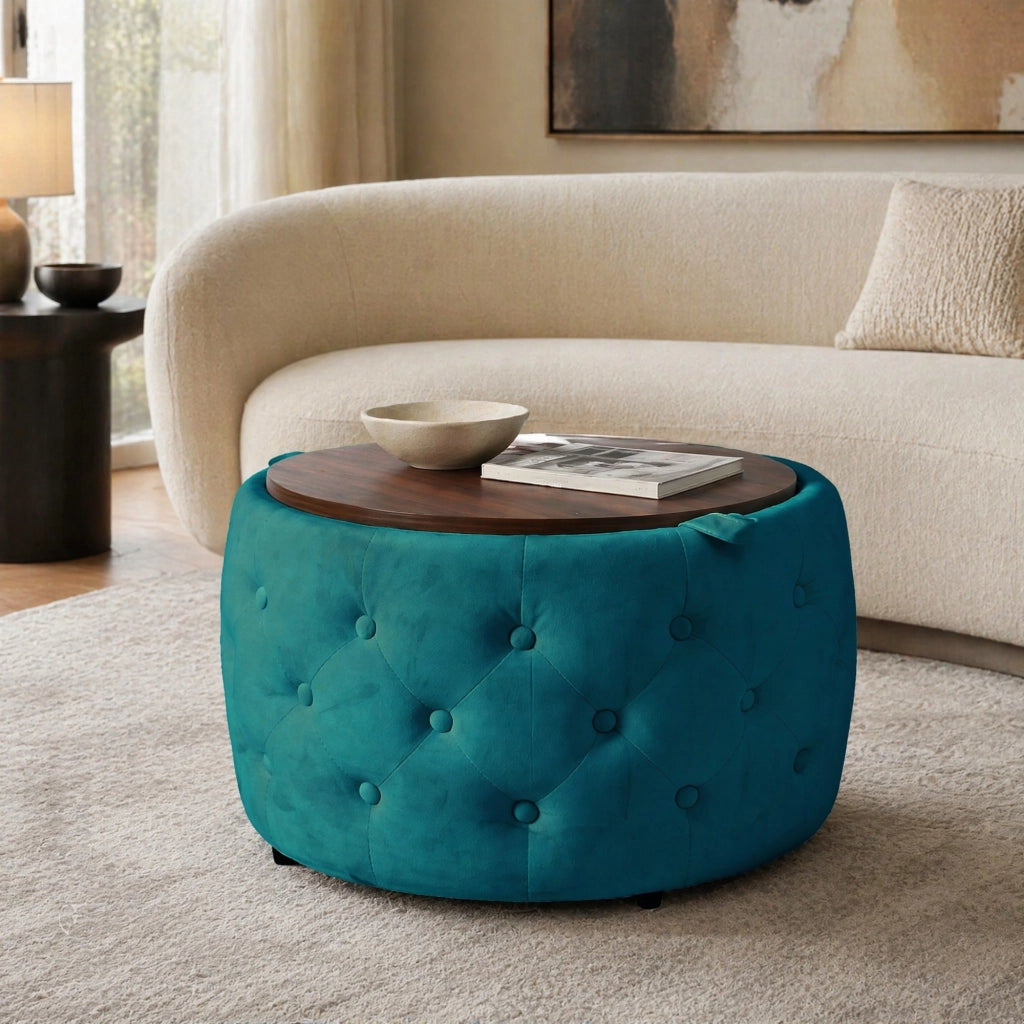 POUF Contenitore Rotondo in Velluto Blu Set da 2 pezzi 58 cm