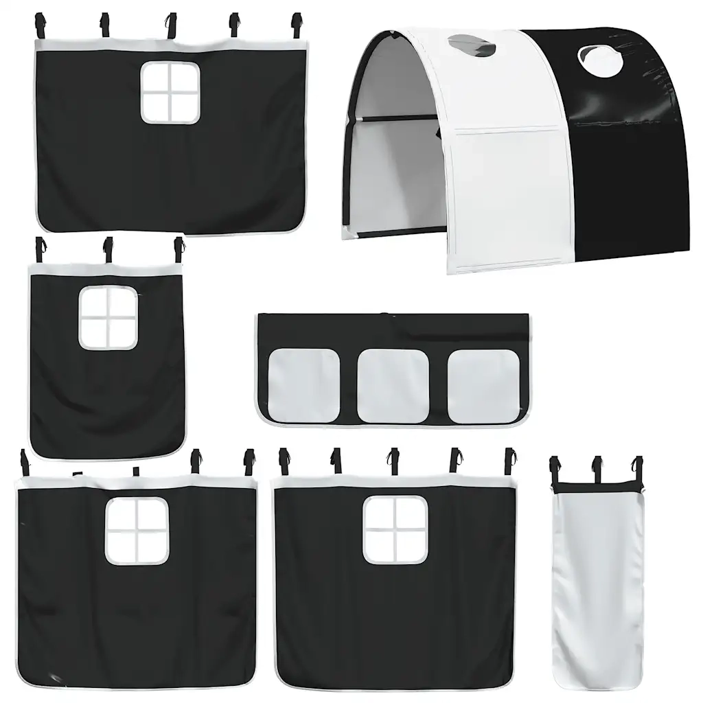 Letto singolo | Letto per adulti | Letto a Castello con Scivolo e Tende Bianco e Nero 80x200 cm