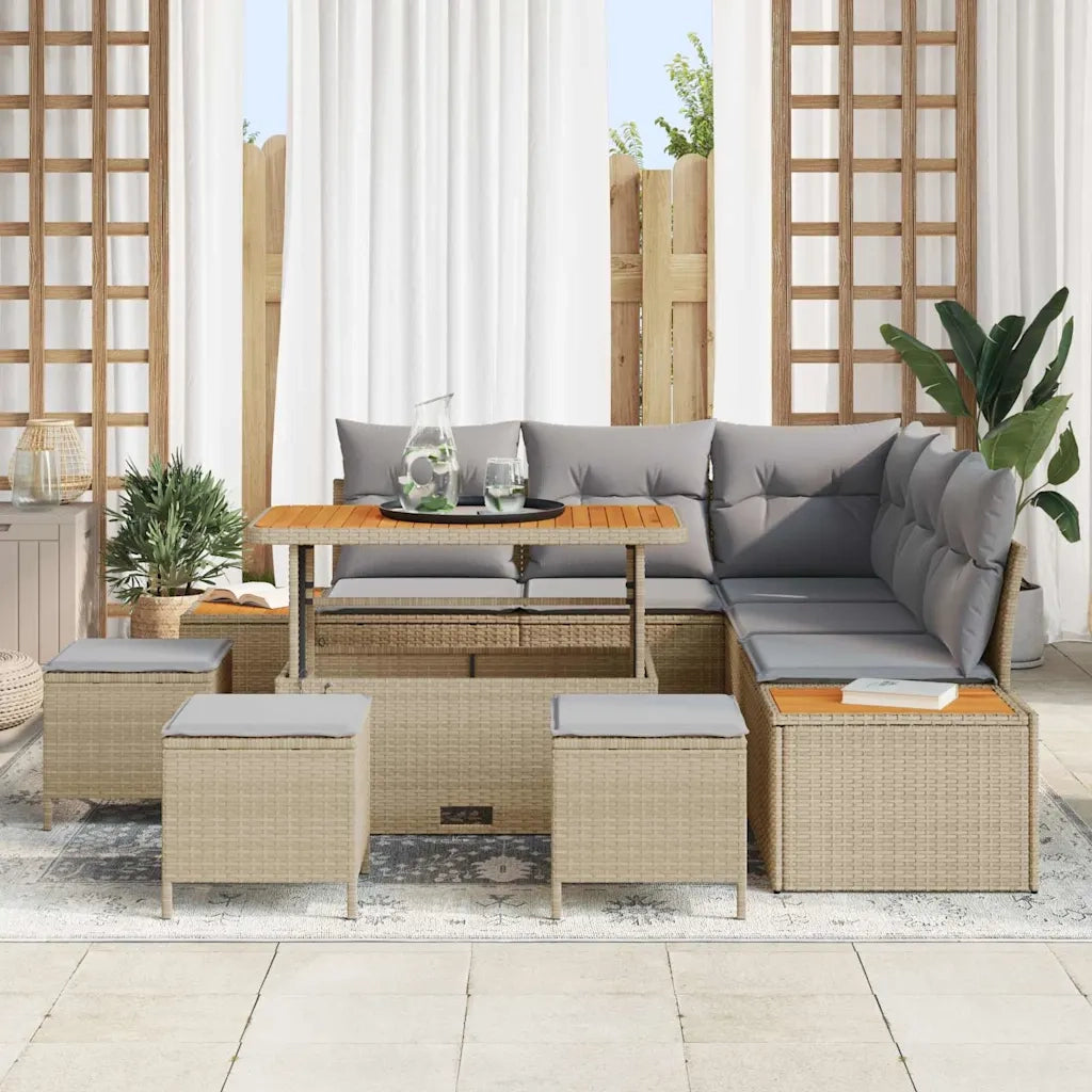 Set Divano da Giardino con cuscino 9 pcs Beige Poly Rattan