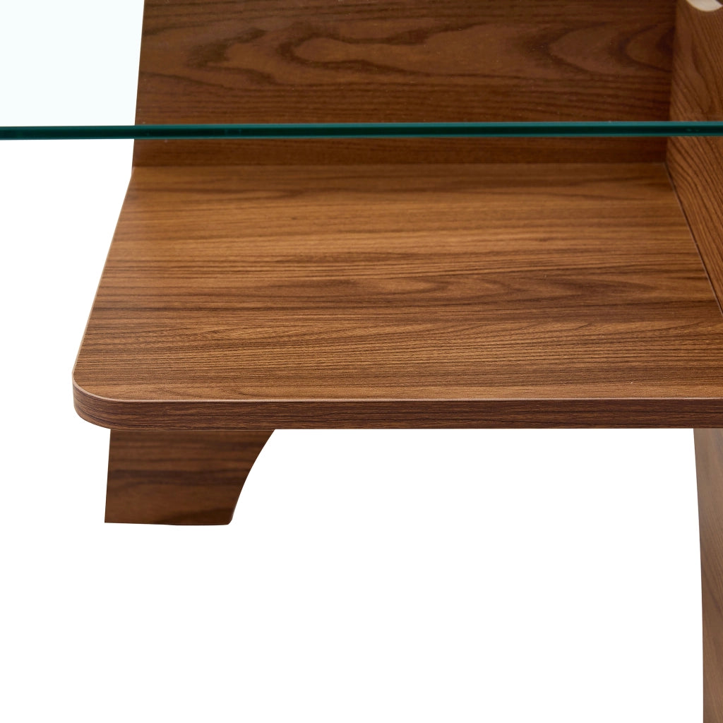 Tavolino quadrato in vetro di sicurezza 80 cm con struttura MDF effetto noce, portata 120 kg