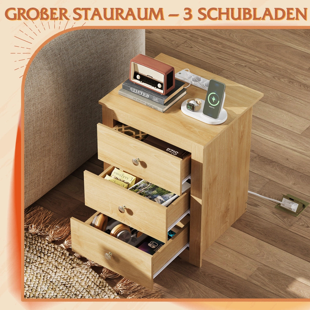Comodino con 3 Cassetti e Prese USB ¨C Minimal ¨C Legno, Grigio, 40x40x50 cm