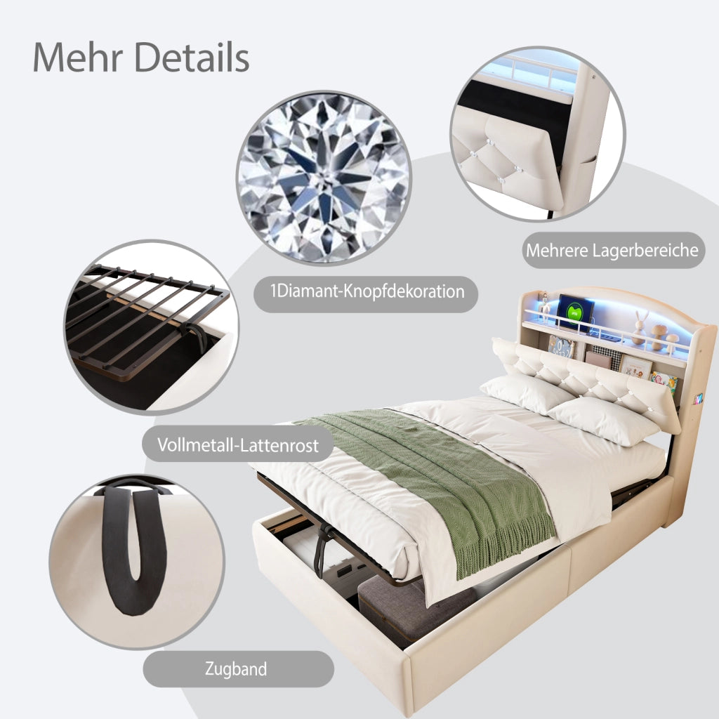 LETTO imbottito 90x200 cm in velluto beige con contenitore, LED e USB
