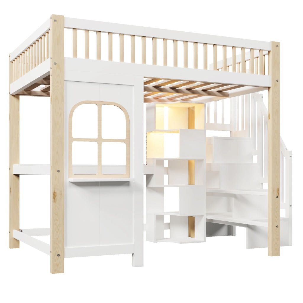 Letto a soppalco matrimoniale 140×200 cm con LED; scrivania; ripiani e scala contenitore; senza materasso; bianco naturale