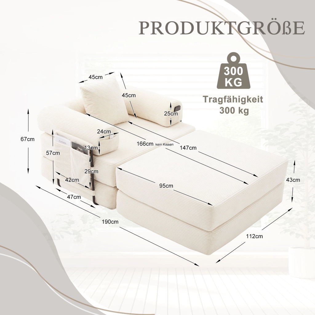 Divano Modulare con Pouf, con Tasca Laterale e Cuscino, in Velluto a coste, Beige