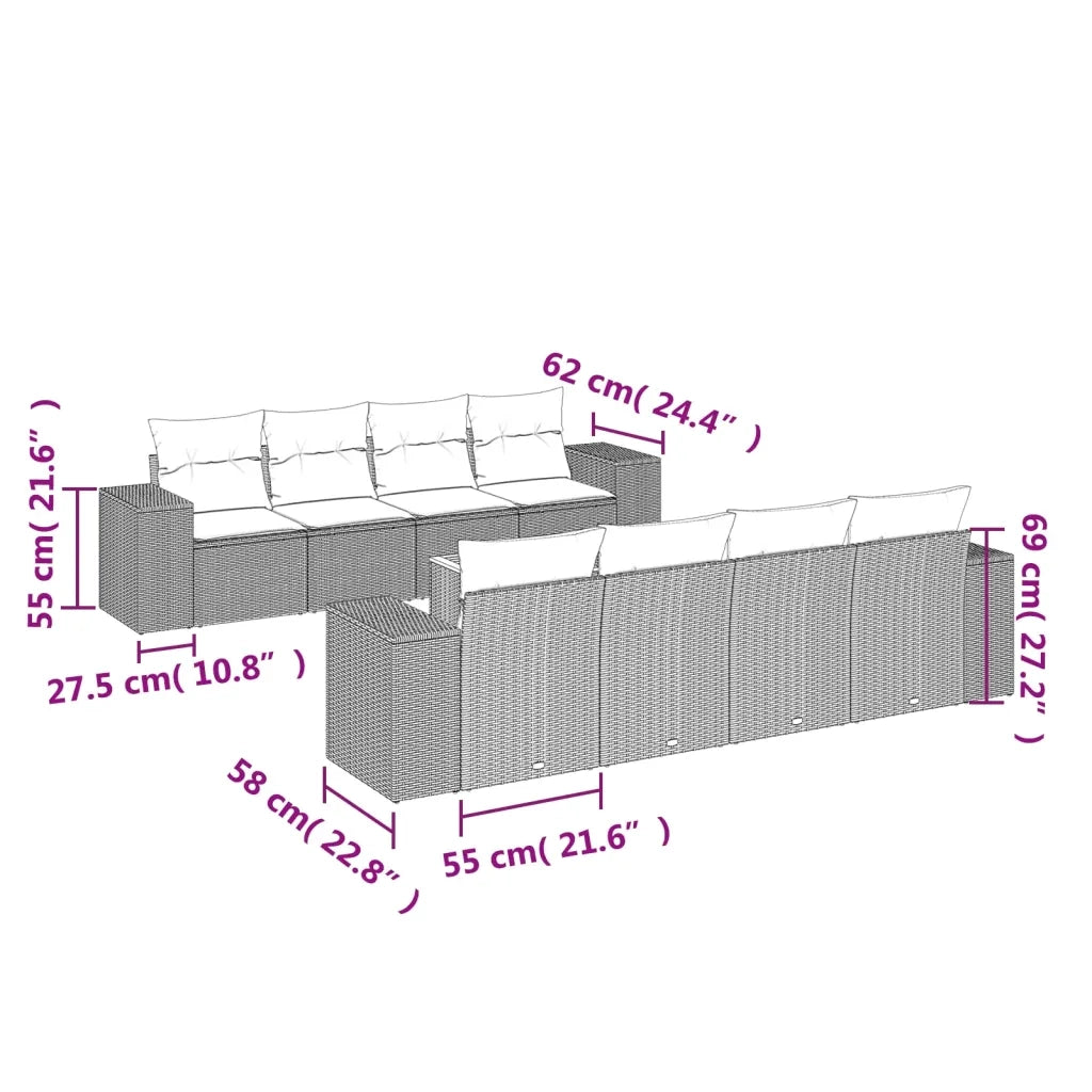Set Divani da Giardino 9 pz con Cuscini Nero in Polyrattan