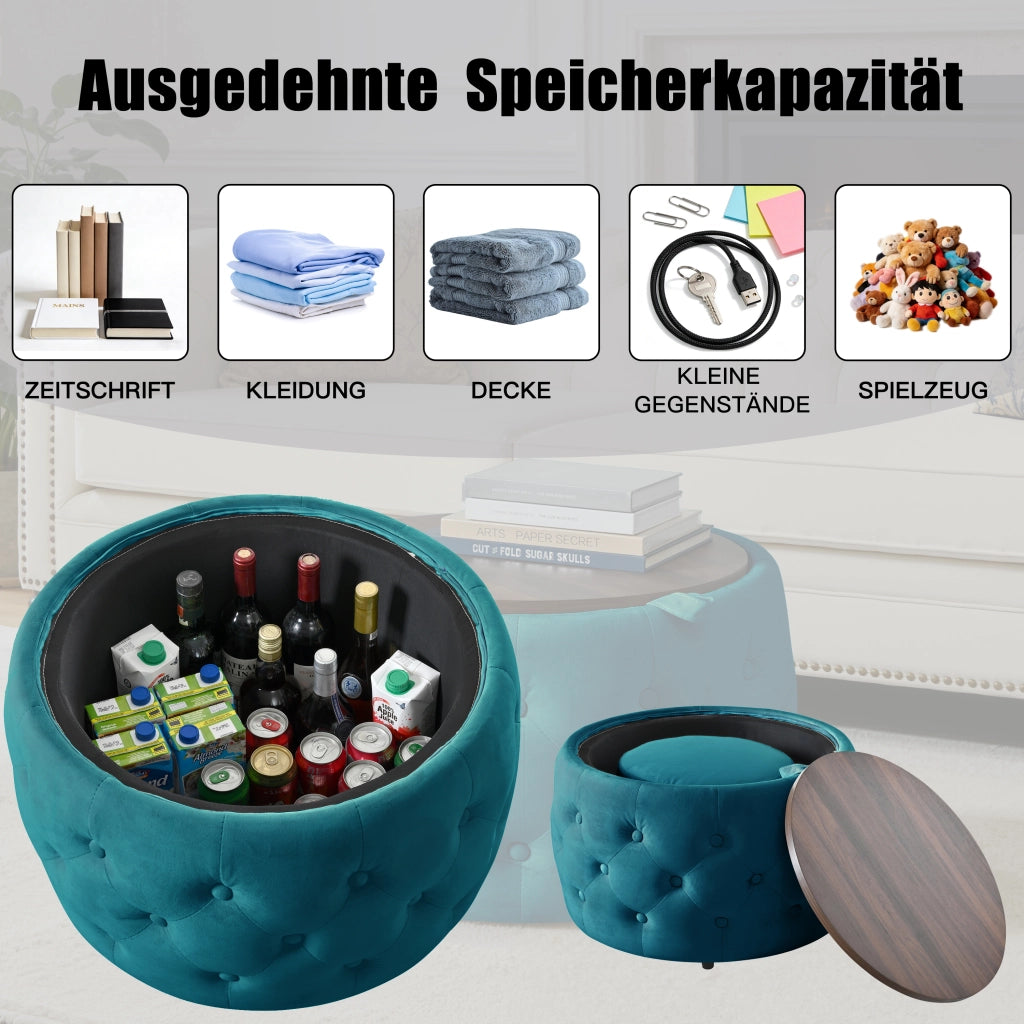 POUF Contenitore Rotondo in Velluto Blu Set da 2 pezzi 58 cm