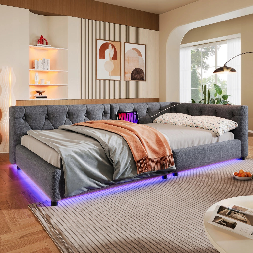 Sofa letto 90x200 - Xylo - LED, USB-C, lino grigio