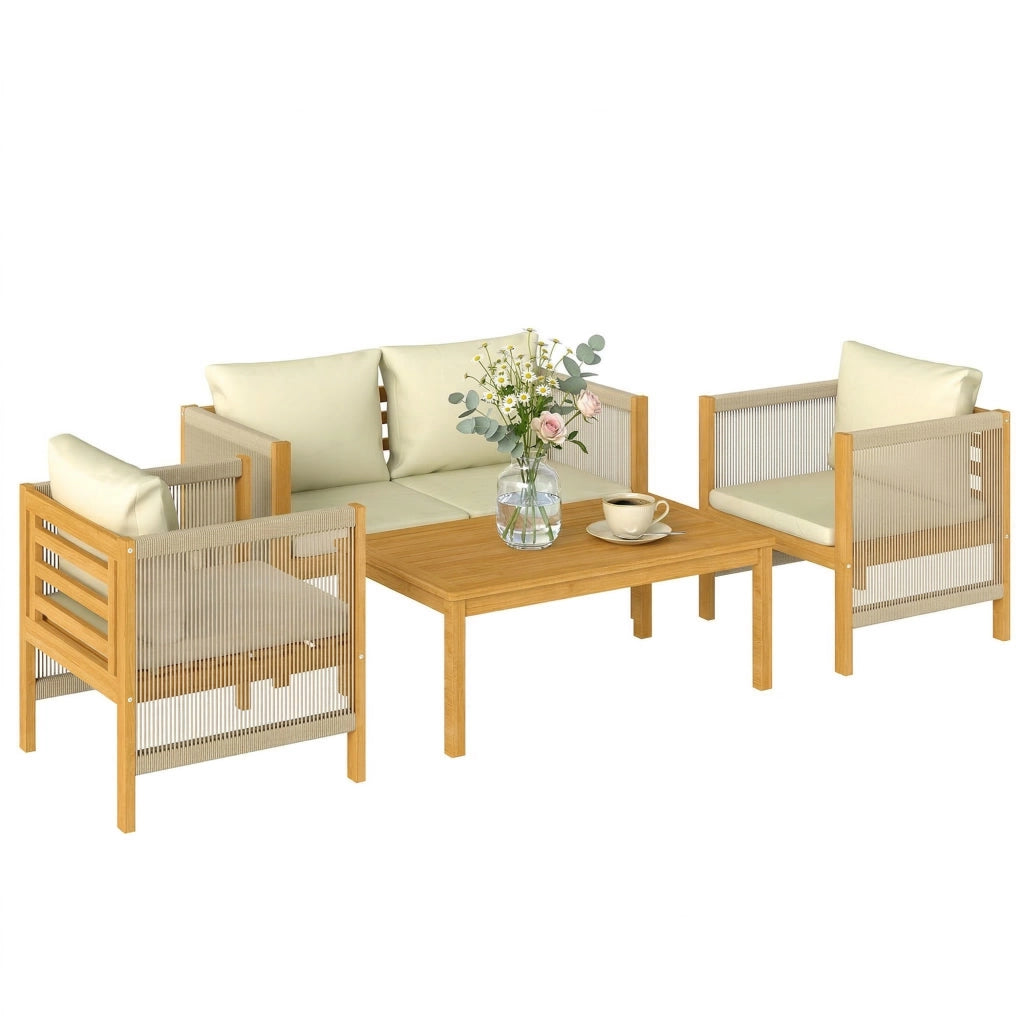 Set Salotto Giardino 4 Pezzi ¨C Zephmum ¨C Divanetto, 2 Poltrone con Cuscini, Tavolino Legno Acacia