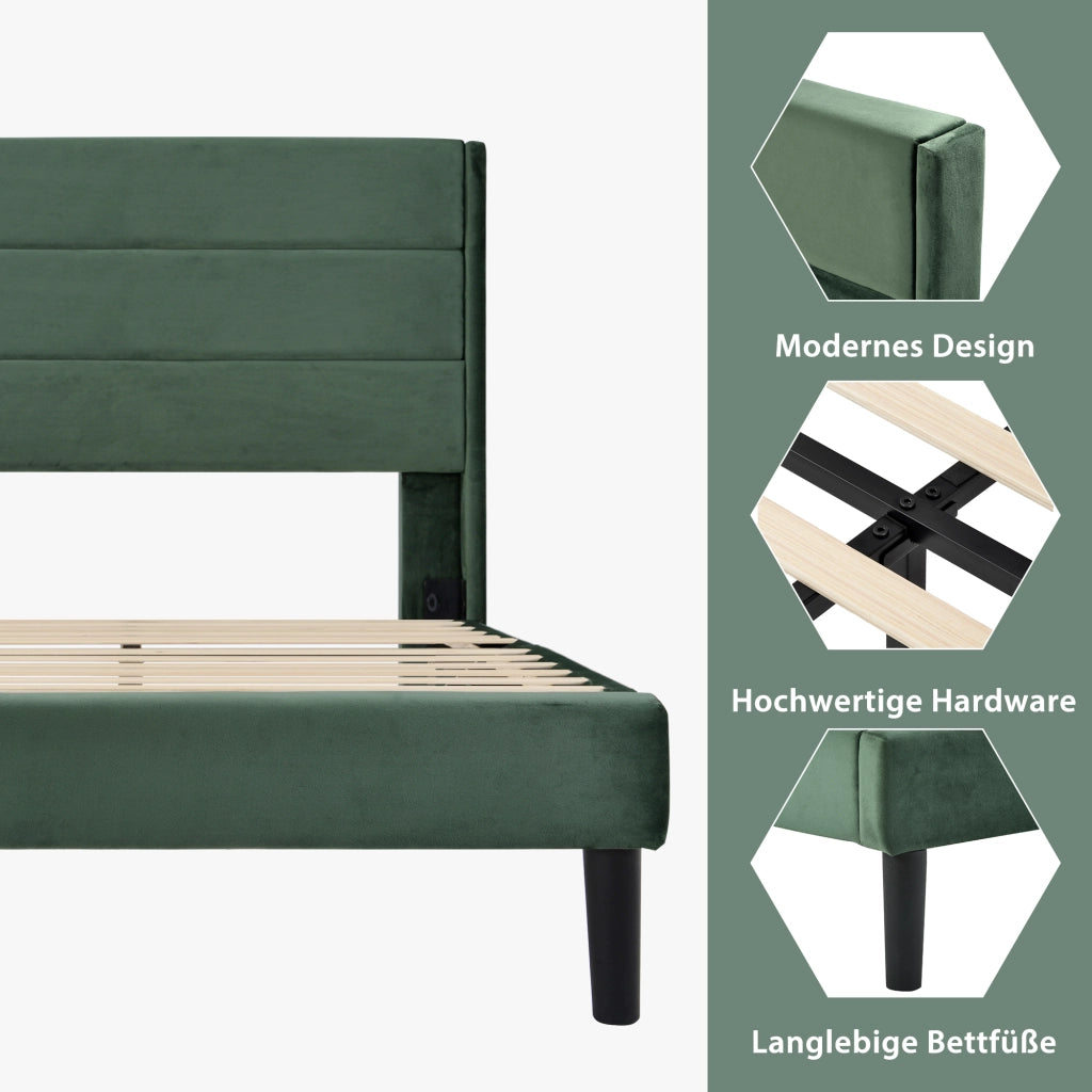 LETTO imbottito 90x200 cm in velluto verde con testiera