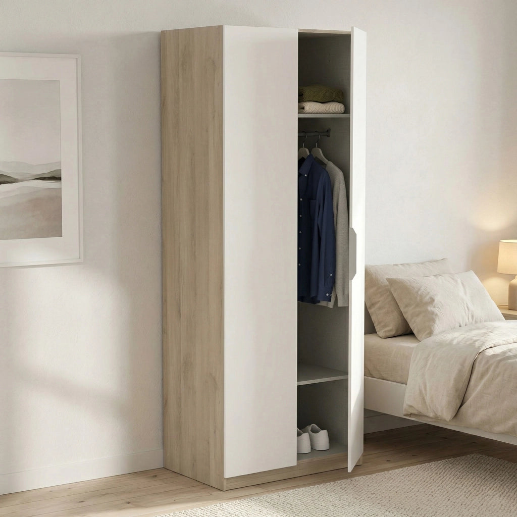 Guardaroba 2 ante Fioretta, Mobile camera da letto, Cabina armadio portabiti, Armadio appendiabiti, 79x51 h203 cm, Rovere e Bianco opaco