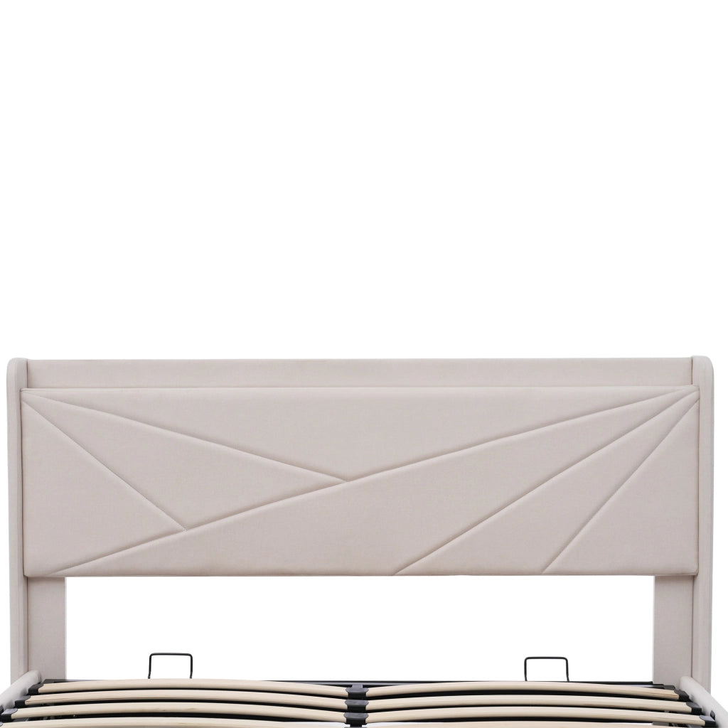 DESMIU Letto Contenitore Letto Matrimoniale con USB, Tipo C e Testiera Geometrica 140 × 200 cm Senza Materasso Beige