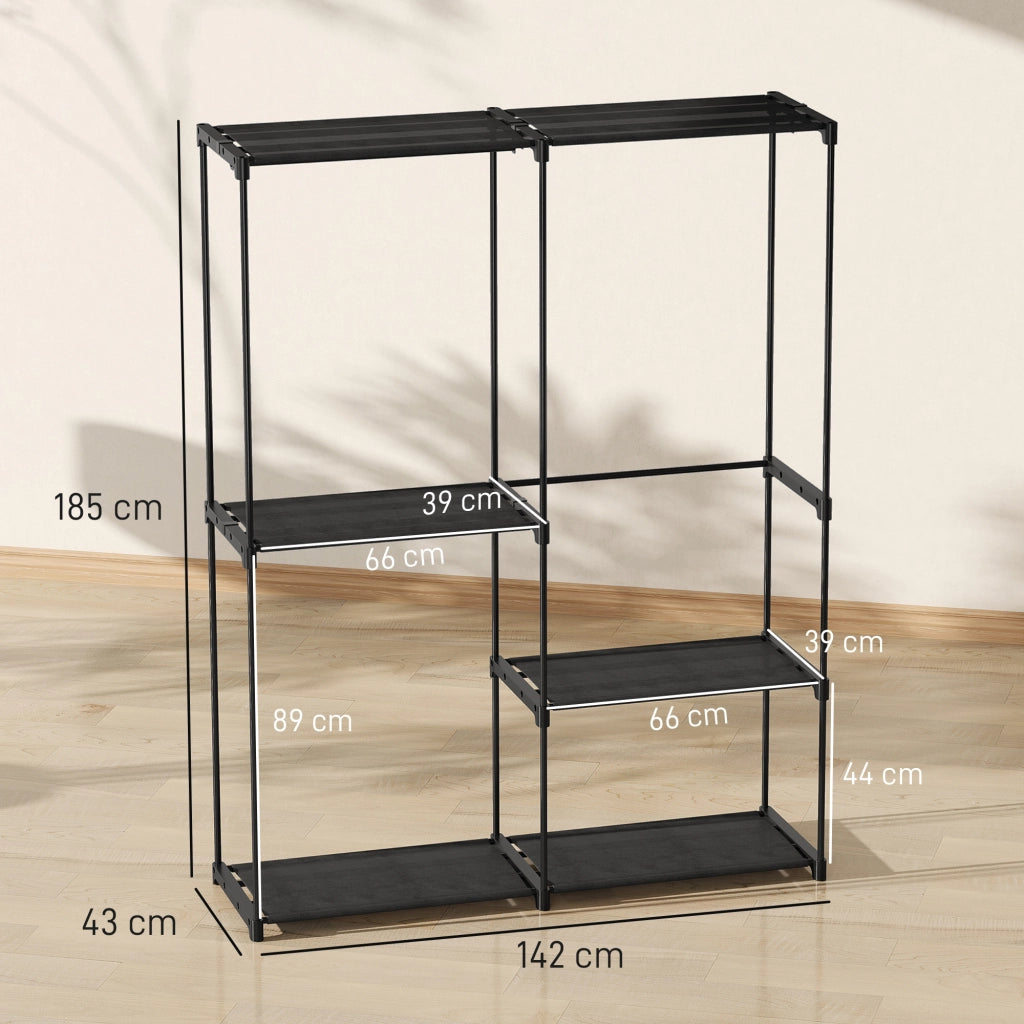 Armadio Guardaroba ¨C Xylo ¨C 2 Aste Appendiabiti 4 Ripiani Tessuto Acciaio 142x43x185 cm Nero