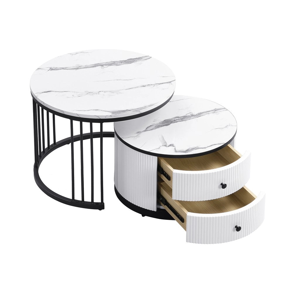 Set 2 Tavolini da Salotto Rotondi ¨C Xylo ¨C Bianco Lucido, Effetto Marmo, 2 Cassetti, 60x60x45 & 50x50x32