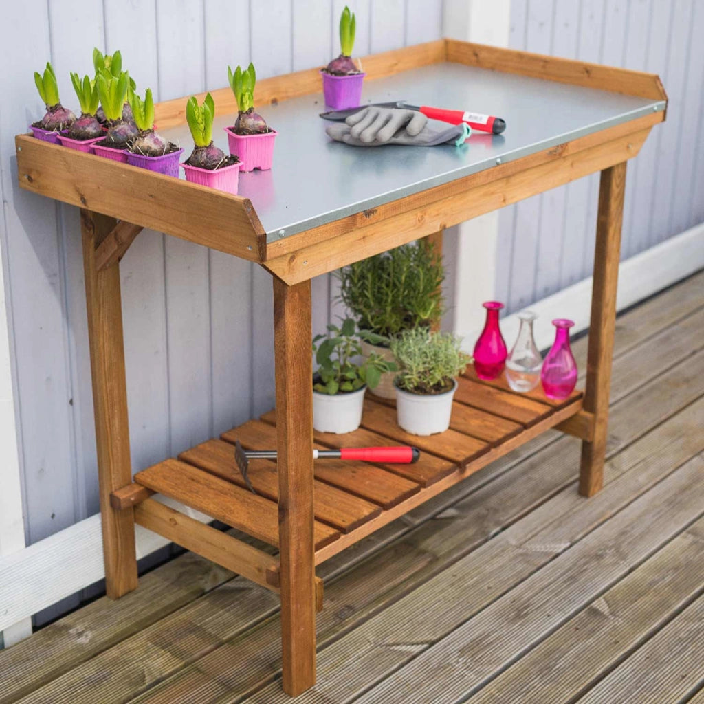 FRANKYSTAR Tavolo da lavoro per giardinaggio in legno di pino banco da lavoro per piante e fiori con ripiano in lamiera zincata - made in italy