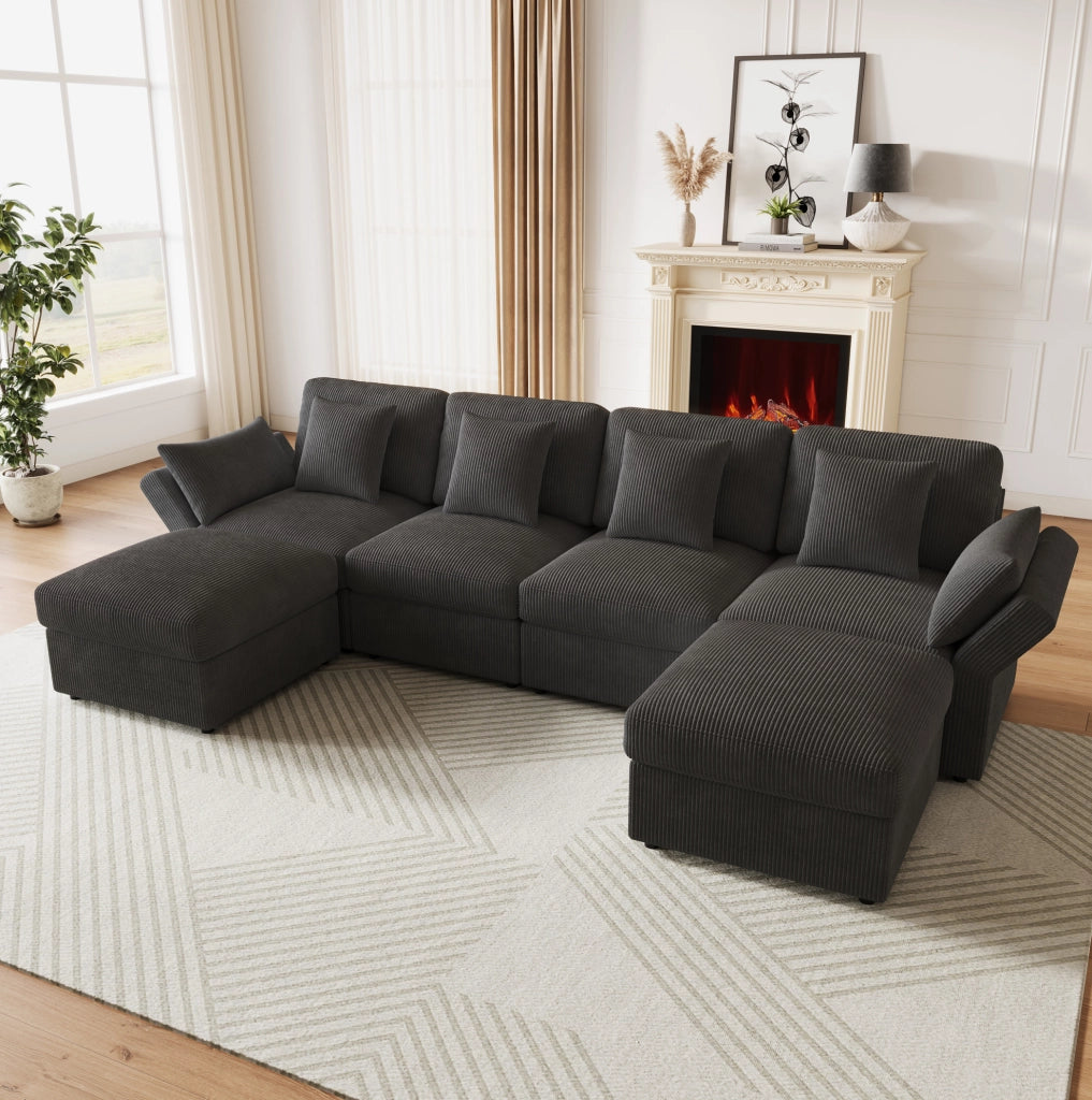 Divano modulare angolare a U 290 x 159;5 x 89 cm in tessuto corduroy grigio