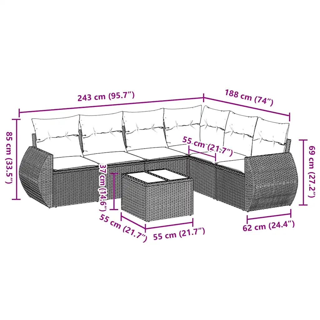 Set Divani da Giardino 7pz con Cuscini Grigio Chiaro Polyrattan