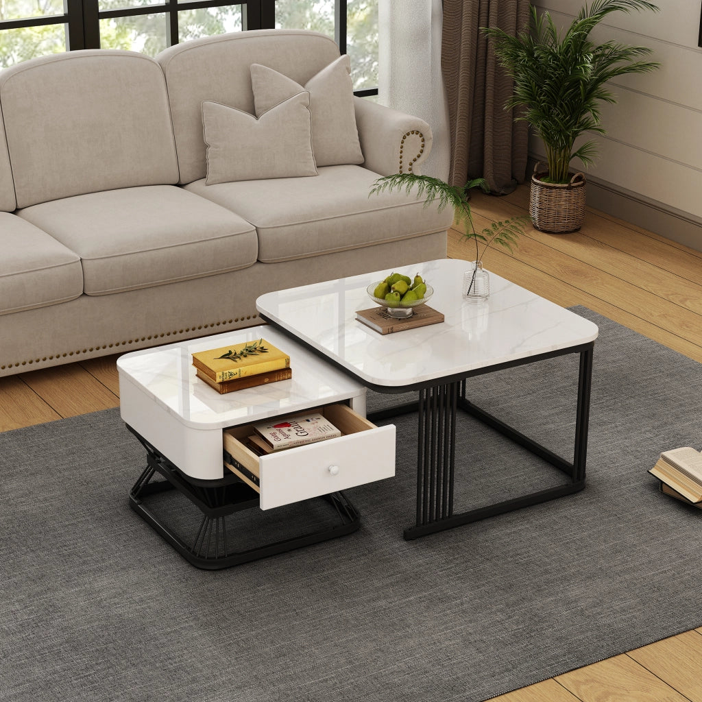 Set di 2 tavolini da salotto quadrati in effetto marmo lucido, bianco e nero, 70x70x45 cm + 50x50x40 cm, con 1 cassetto