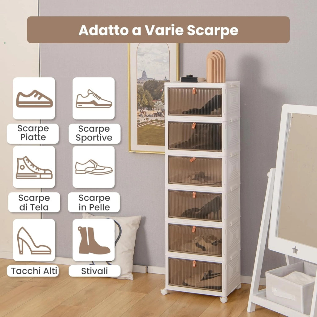 Scarpiera Pieghevole a 3/4/6 Piani, Mobile Multiuso Impilabile con Porte Trasparenti Magnetiche e Ruote Piroettanti Bloccabili, Contenitore con Coperchio per Cibi Giocattoli Abiti (6 Piani)