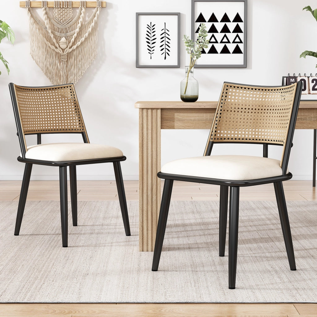 Sedia da pranzo 4 pezzi con seduta in PU, schienale in rattan, struttura in metallo, Nero