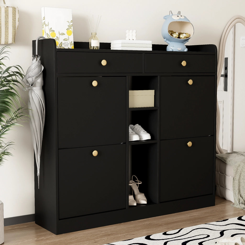 Scarpiera Nera 110×26×100 cm con 4 Ante a Ribalta; 2 Cassetti e 3 Vani Aperti; Mobile Porta Scarpe Salvaspazio
