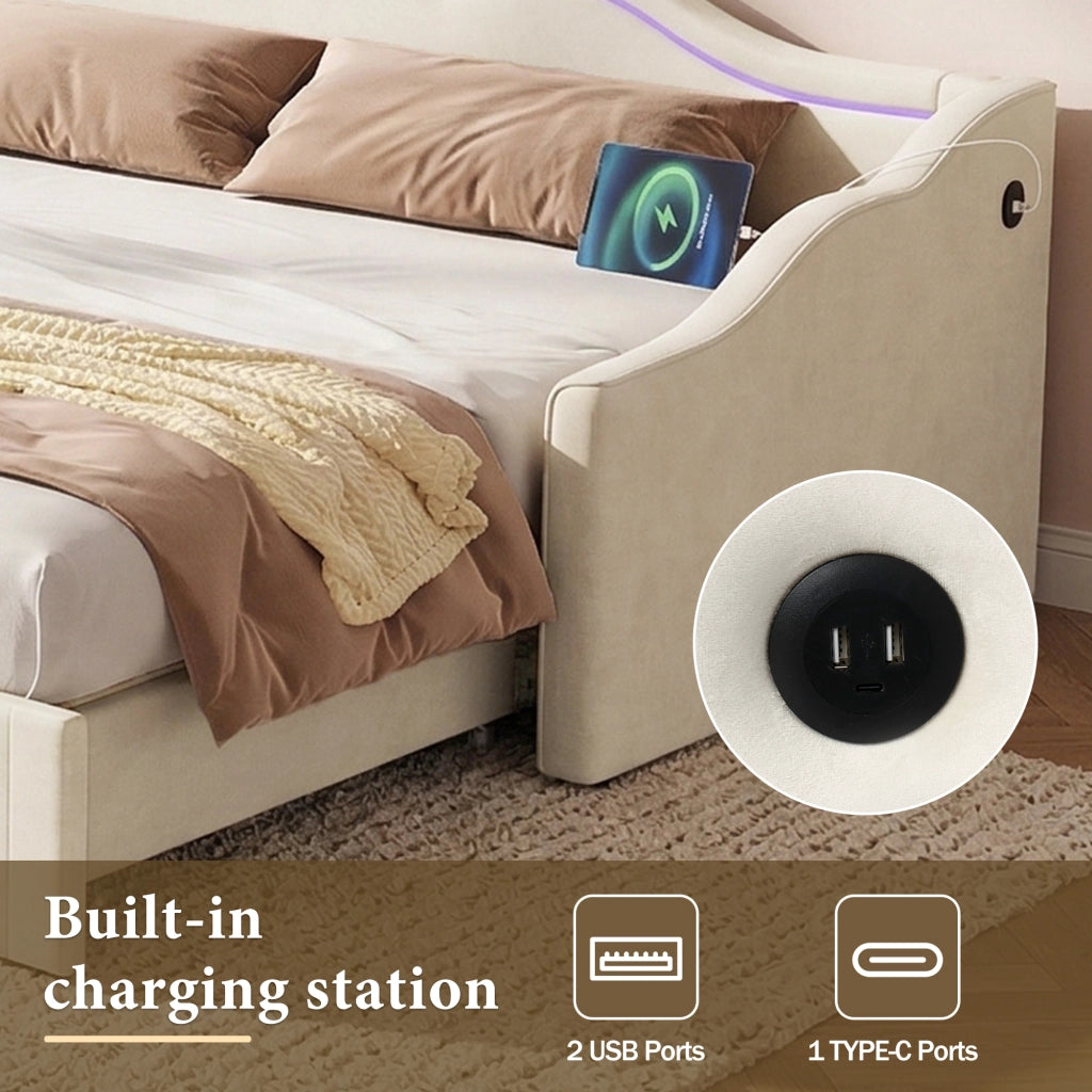 Letto Estraibile 90x200 cm e 180x200 cm con USB; Type-C e LED in Velluto Beige