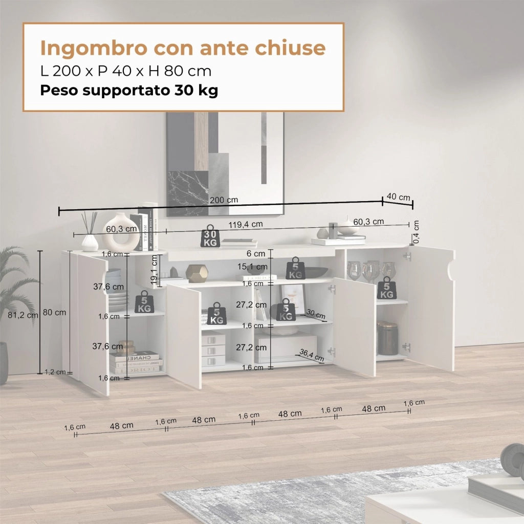 WHOUS Credenza Real con 4 ante e 1 vano aperto cashmere 200x40x80 cm