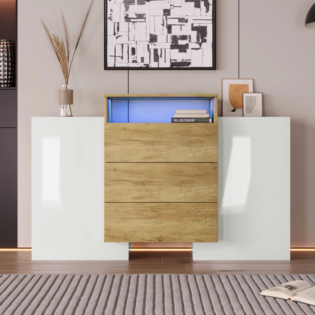 Credenza Moderna con LED ¨C MINIMAL ¨C Bianco Lucido e Legno 140cm
