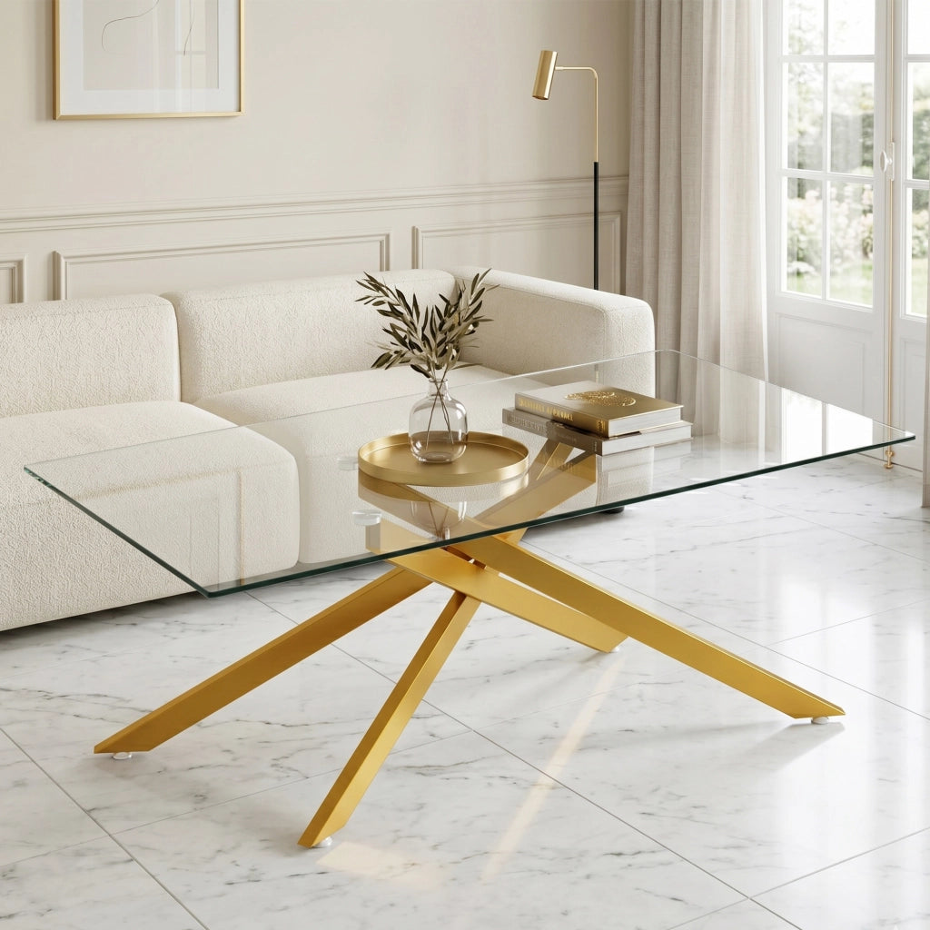 Tavolino da salotto rettangolare in vetro temperato con struttura metallica dorata, 120x60x46 cm