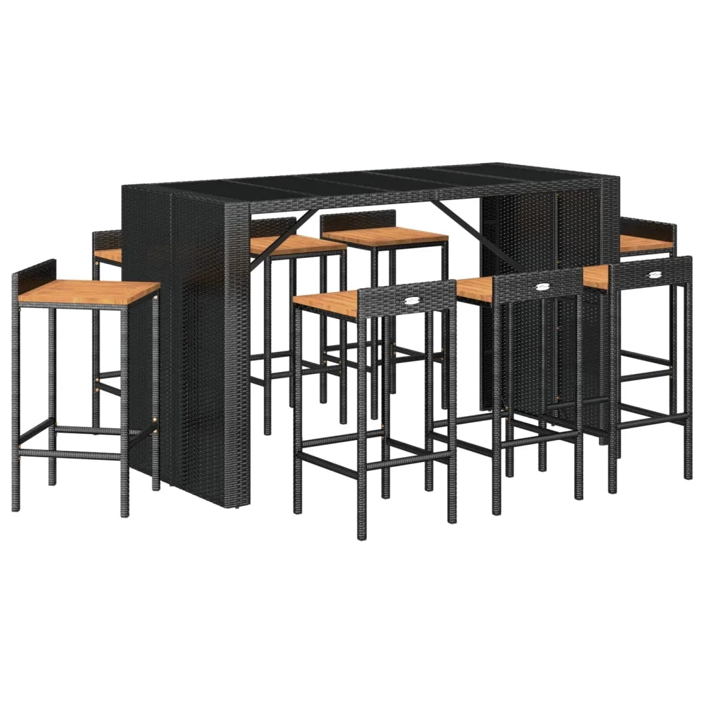 Set Bar Giardino 9 pz Nero Polyrattan e Legno Massello Acacia 3187688
