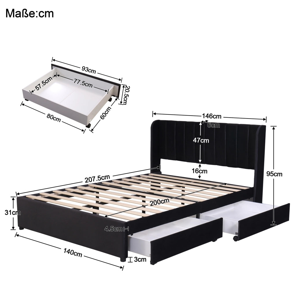 LETTO con rete a doghe e cassetti 140x200 cm in velluto nero