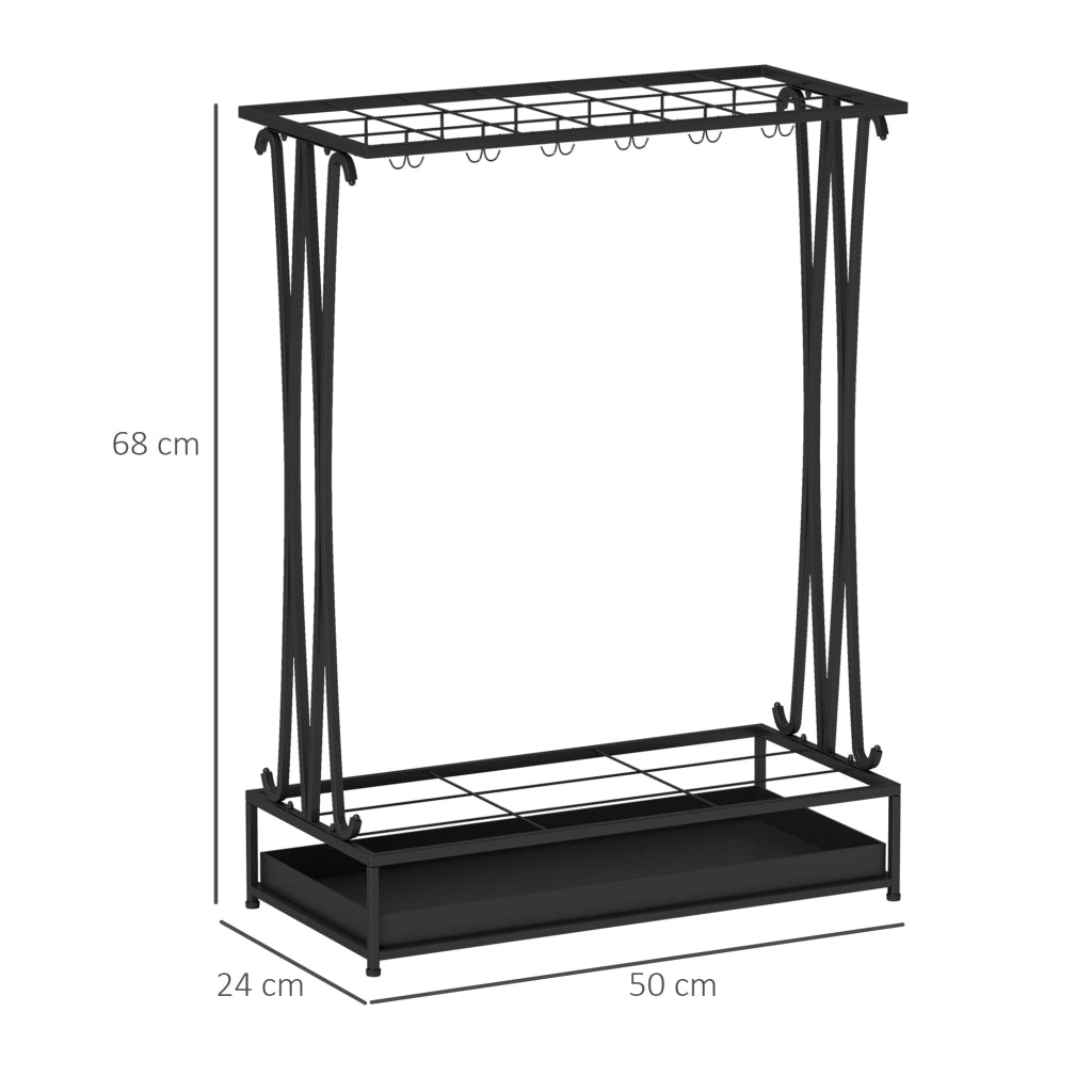 Portaombrelli 50x24x68 cm con Vaschetta per l'Acqua 21 Fori e 24 Ganci in Acciaio Nero