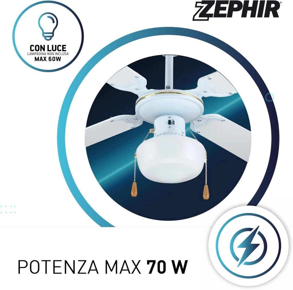 Ventilatore a Soffitto ZEPHIR 4 Pale 107 cm con Luce E27 60W, 3 Velocità, Reversibile, Comando a Cordicella, Design in Legno e Paglia di Vienna Effetto Rattan Bianco 70W Metallo e Legno