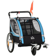 Rimorchio per bambini, passeggino, cintura di sicurezza a 5 punti, attacco universale, acciaio, blu, 142 x 75 x 101 cm