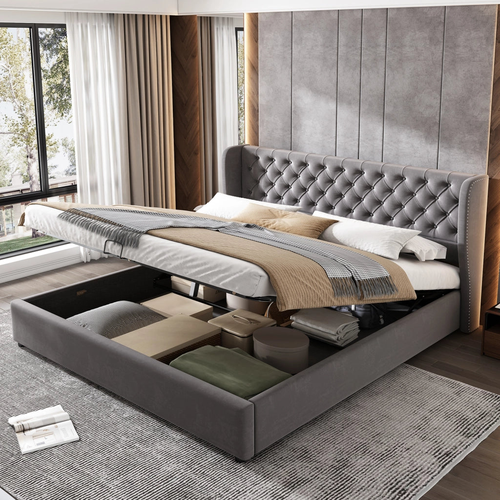 DESMIU Letto Contenitore Letto Matrimoniale con Vano Idraulico 180 × 200 cm, senza materasso, in Velluto, Grigio